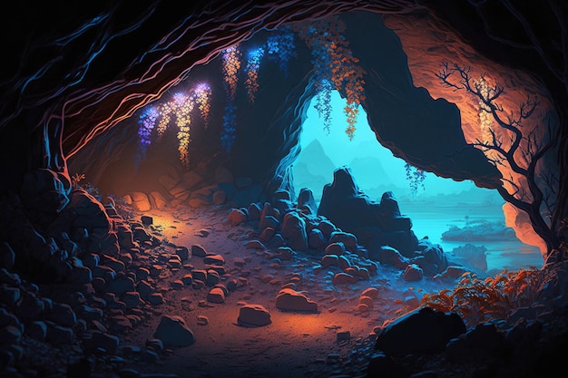 Eine Höhle mit blauem und orangefarbenem Licht