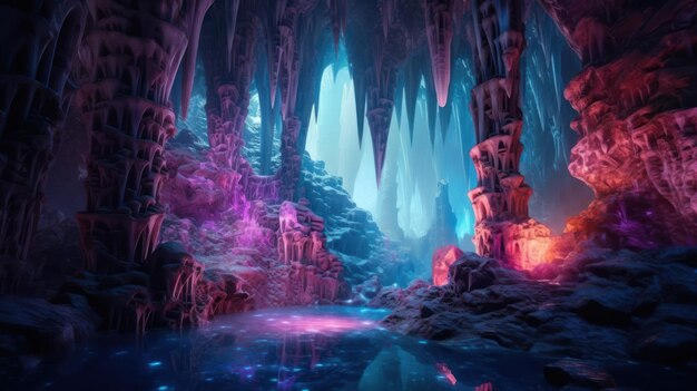 Eine Höhle mit blauem und violettem Schimmer.