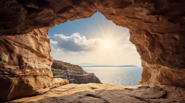 Eine Höhle mit Blick auf das Meer und den Himmel