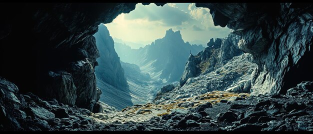 eine Höhle mit Blick auf eine Bergkette