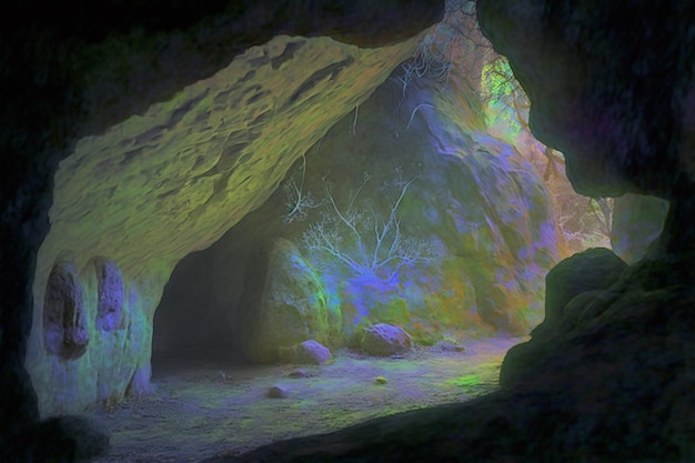 Eine Höhle mit einem Baum auf der linken Seite