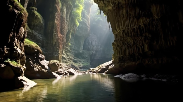 Eine Höhle mit einem grünen Fluss und moosigen Wänden. Ein geologisches Wunder der Meghalayas-Höhlen