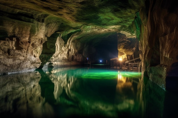 Eine Höhle mit einem grünen Teich und einem Licht an der Wand