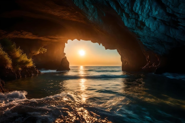 Eine Höhle mit einem Loch in der Wand und der Sonne, die durch das Wasser scheint.