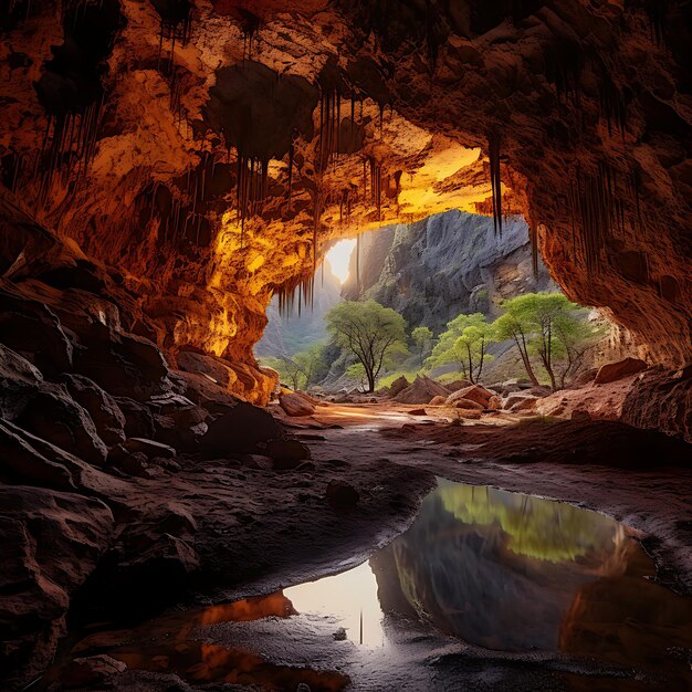 Eine Höhle mit einem Wasserbecken und Bäumen