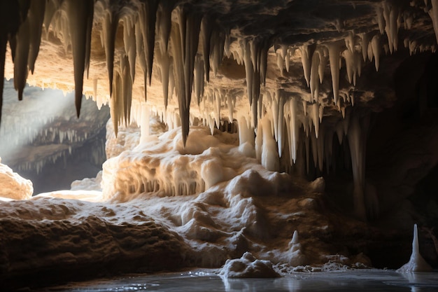 eine Höhle mit Eisformationen und Wasser