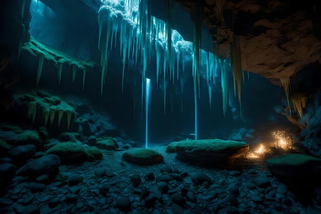 Eine Höhle mit von der Decke hängenden Eisschnitzeln.