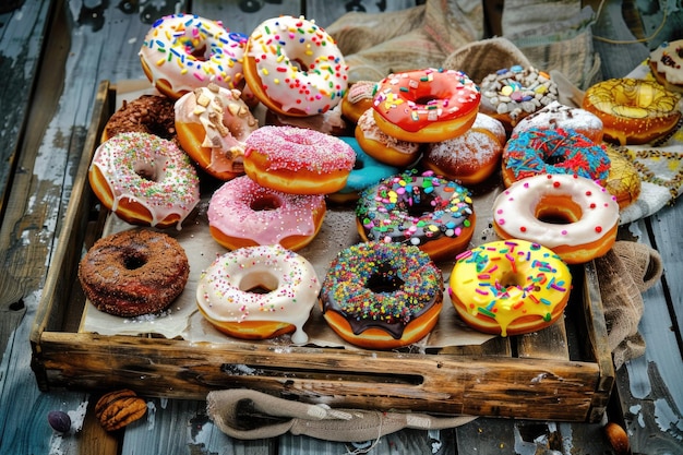 Eine hölzerne Schachtel, die mit einer herrlichen Auswahl an verschiedenen geschmackten Donuts gefüllt ist