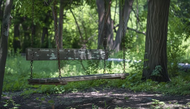 Eine hölzerne Schaukel hängt an einem Baumzweig in einem Park