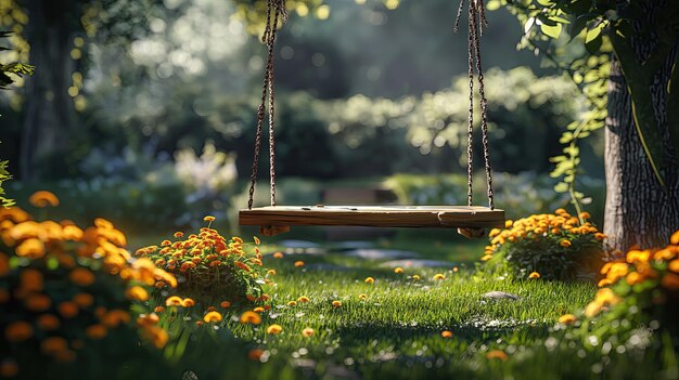 Eine hölzerne Schaukel steht in einem grünen Park, der von üppigen Bäumen und Gras umgeben ist