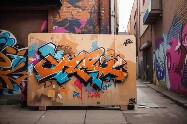 eine hölzerne Tafel in einer städtischen Gasse mit Graffiti als Hintergrund