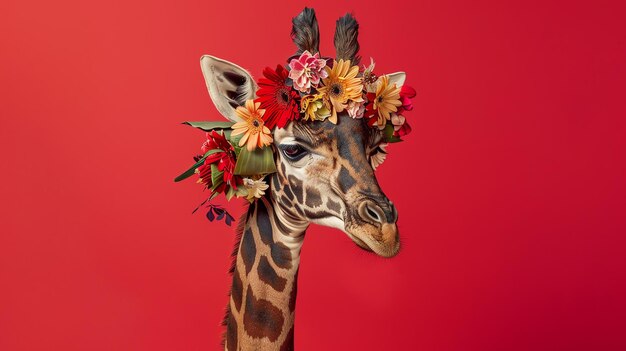 Eine hohe Giraffe steht vor einem roten Hintergrund Die Giraffe hat eine Blumenkrone auf dem Kopf Die Girappe schaut in die Kamera