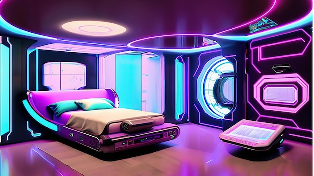 Eine holografische, intelligente, moderne Hightech-Scifi-Cyberpunk-futuristische 3D-Inneneinrichtung für das Schlafzimmer