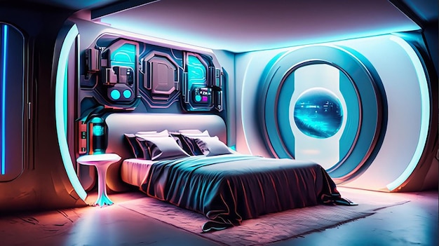 Eine holografische, intelligente, moderne Hightech-Scifi-Cyberpunk-futuristische 3D-Inneneinrichtung für das Schlafzimmer