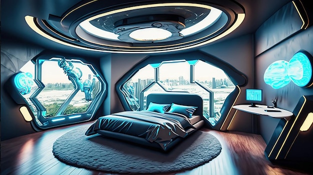 Eine holographische, intelligente, moderne, hightech-Scifi-Cyberpunk-Futuristische Schlafzimmer-Interior-Dekoration in 3D