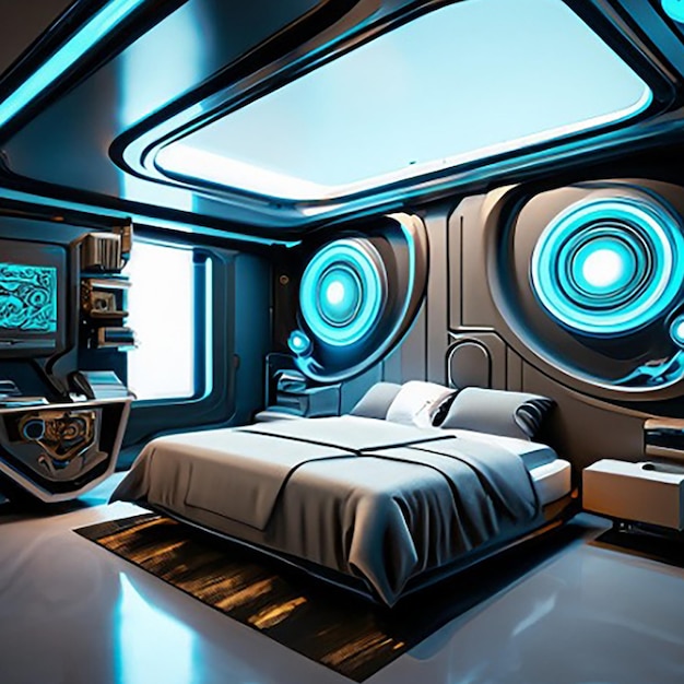 Eine holographische, intelligente, moderne, hightech-Scifi-Cyberpunk-Futuristische Schlafzimmer-Interior-Dekoration in 3D