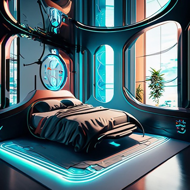 Eine holographische, intelligente, moderne, hightech-Scifi-Cyberpunk-Futuristische Schlafzimmer-Interior-Dekoration in 3D