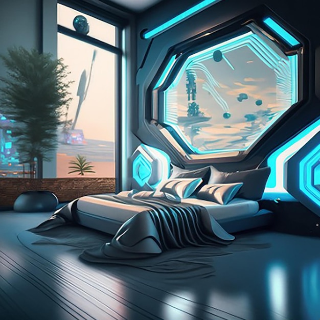Eine holographische, intelligente, moderne, hightech-Scifi-Cyberpunk-Futuristische Schlafzimmer-Interior-Dekoration in 3D