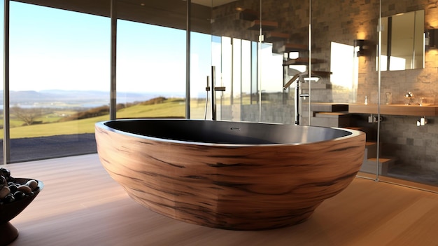 Foto eine holzbadewanne in einem modernen badezimmer mit blick auf das meer.