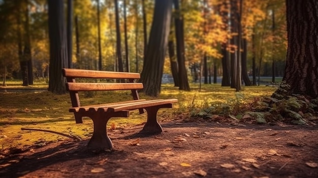 Eine Holzbank in einem Park mit Bäumen im Hintergrund.