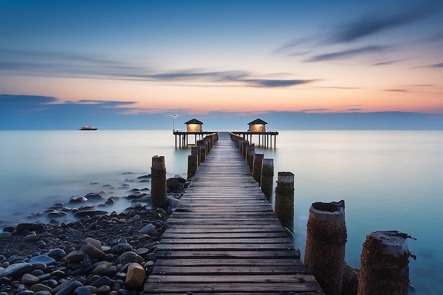 Eine Holzbrücke führt bei Sonnenuntergang zu einem See