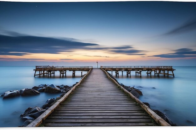 Eine Holzbrücke führt bei Sonnenuntergang zu einem See