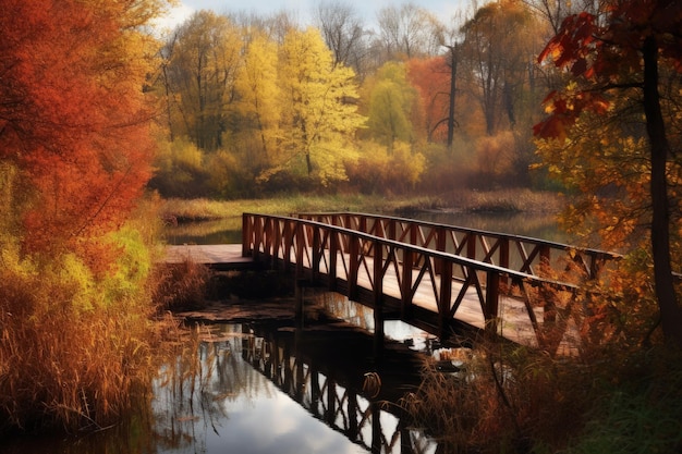 Eine Holzbrücke über ein Gewässer mit generativer KI