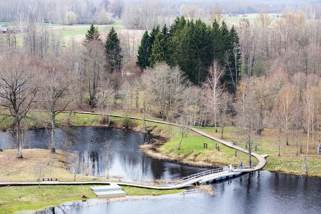 Foto eine holzbrücke über einen fluss mit einem grünen wald im hintergrund.