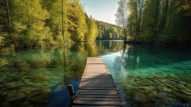 Eine Holzbrücke über einen See mit einem See im Hintergrund