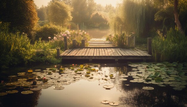 Eine Holzbrücke über einen Teich mit Seerosen und einen Teich mit Seerosen darauf.