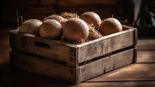 Eine Holzkiste mit Eiern auf einem Tisch