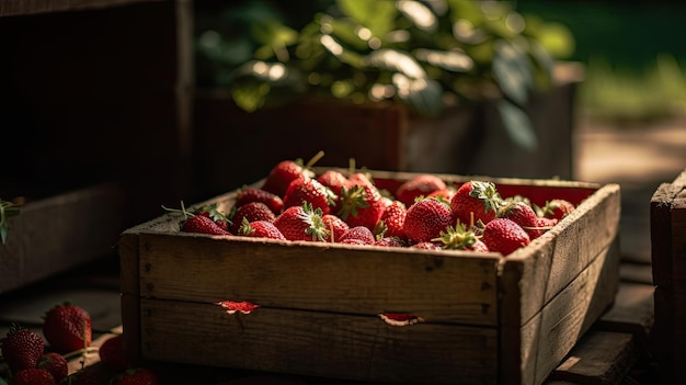 Eine Holzkiste mit Erdbeeren ist mit einem Bündel grüner Pflanzen gefüllt.