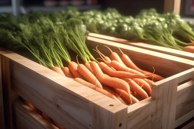 Eine Holzkiste mit Karotten mit dem Wort Karotten darauf