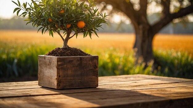 Foto eine holzkiste mit orangen darauf und einem baum im hintergrund