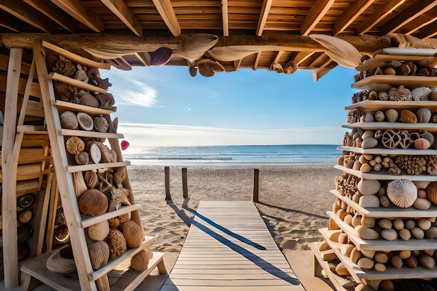 Eine Holzkonstruktion mit Blick auf den Strand und das Meer im Hintergrund