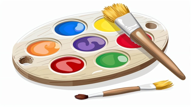 Eine Holzpalette mit sieben Farbfarben, ein Pinsel auf der Palette und ein weiterer Pinsel unterhalb der Palette