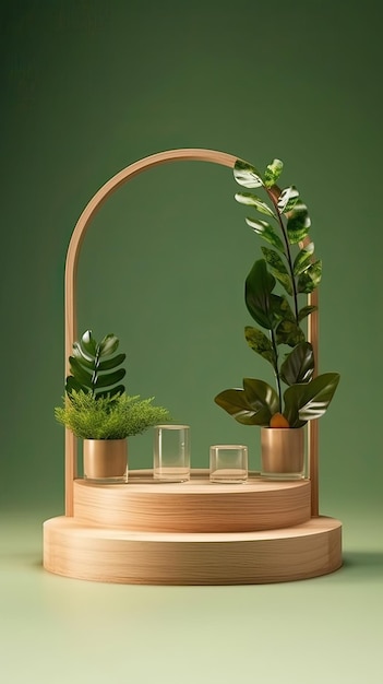 Eine Holzpräsentation mit Pflanzen in Töpfen und einem grünen Hintergrund.