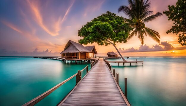 eine Holzpromenade führt zu einer tropischen Insel mit einer Palme am Horizont