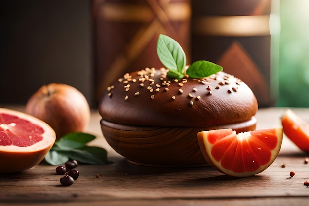 Eine Holzschale mit einem Obstsalat und einem Stück Obst darauf.