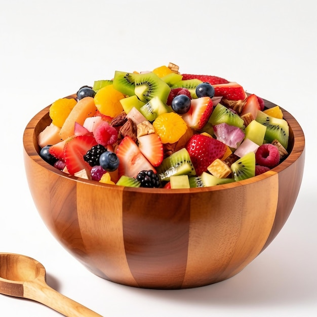 Foto eine holzschale mit obstsalat mit einem holzlöffel an der seite.