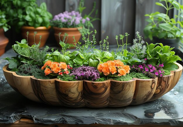 Eine Holzschüssel ist mit bunten Blumen und Kräutern gefüllt