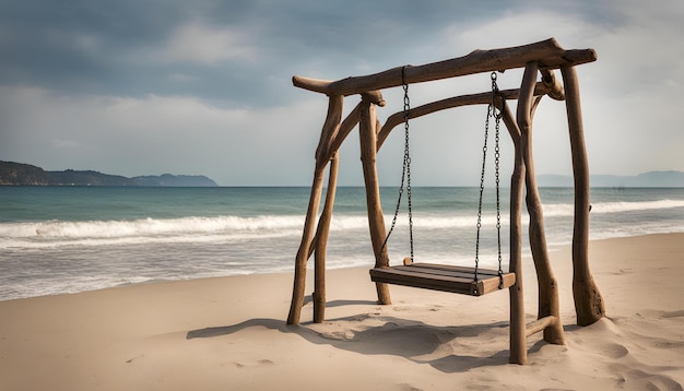 eine Holzschwinge am Strand mit dem Ozean im Hintergrund