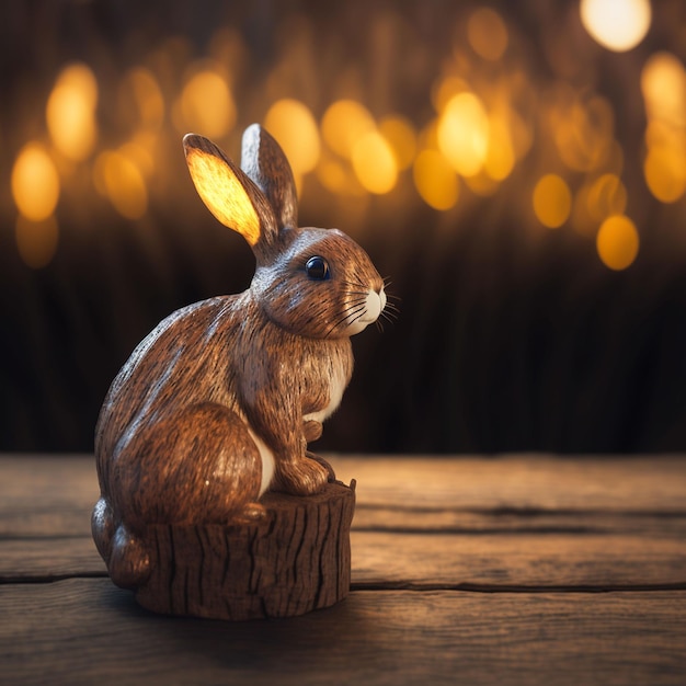 Eine Holzskulptur eines Kaninchens sitzt auf einem Baumstumpf mit gelben Lichtern im Hintergrund.