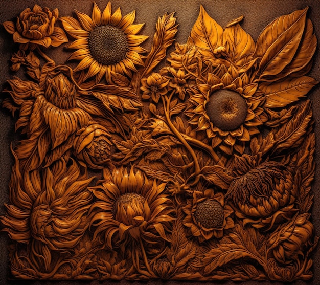 Eine Holztafel mit Sonnenblumen und Sonnenblumen darauf