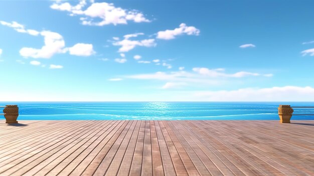 Eine Holzterrasse mit blauem Himmel und dem Meer im Hintergrund