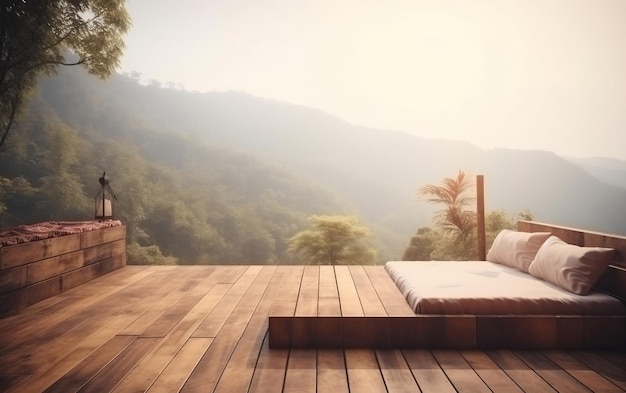 Eine Holzterrasse mit Blick auf die Berge und einer Couch