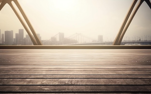 Eine Holzterrasse mit Blick auf eine Stadt im Hintergrund