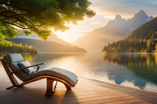 Eine Holzterrasse mit Blick auf einen Berg und einen Sonnenuntergang