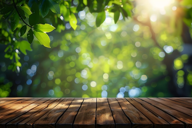 Eine Holztischplatte mit verschwommenem grünem Hintergrund