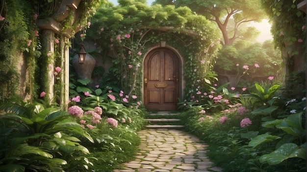 Eine Holztür in einem Steingebäude, das von Blumen und Pflanzen umgeben ist